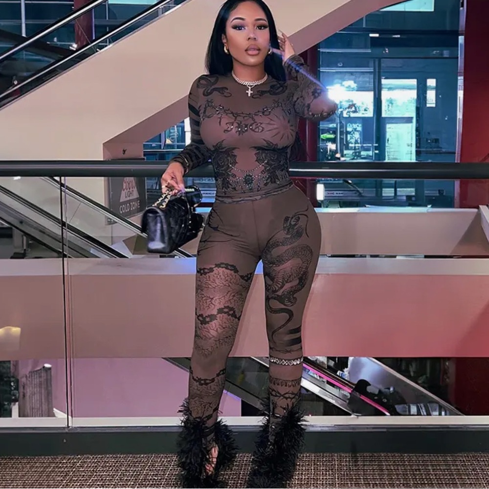 Brown Sheer Dragon Print Jumpsuit